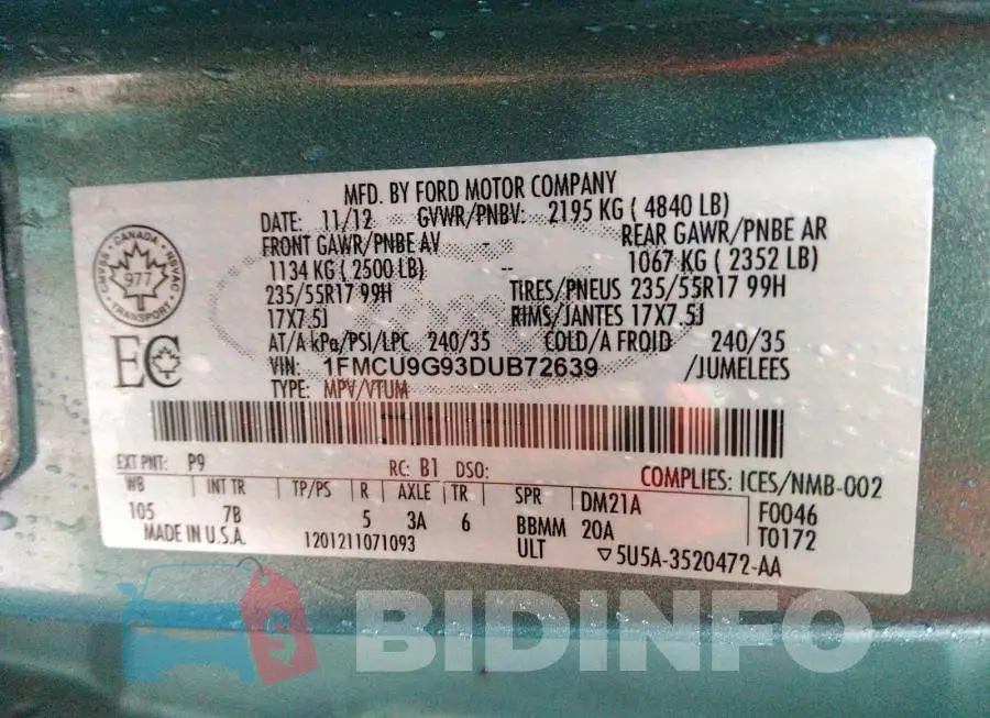 1FMCU9G93DUB72639 Photo# 9