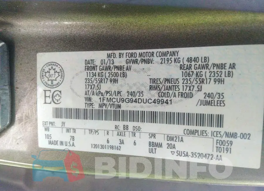 1FMCU9G94DUC49941 Photo# 9