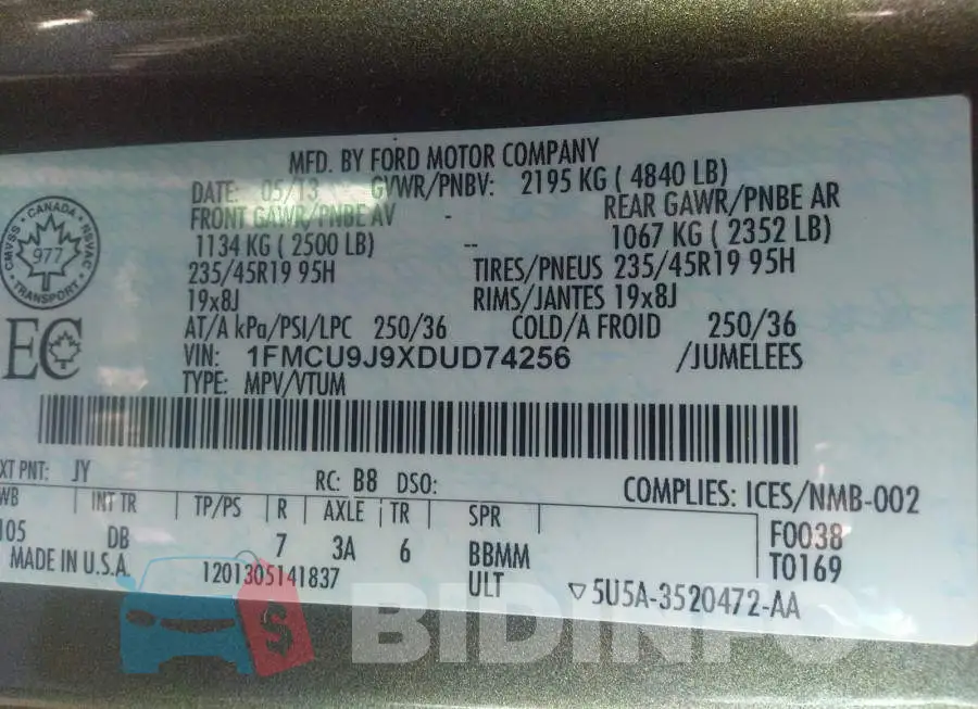 1FMCU9J9XDUD74256 Photo# 9