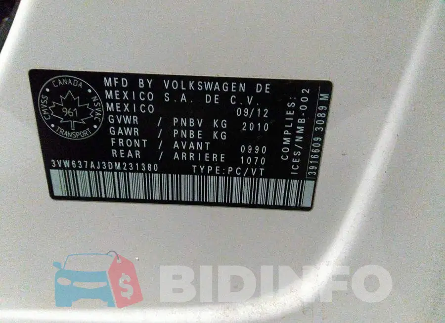 3VW637AJ3DM231380 Photo# 9