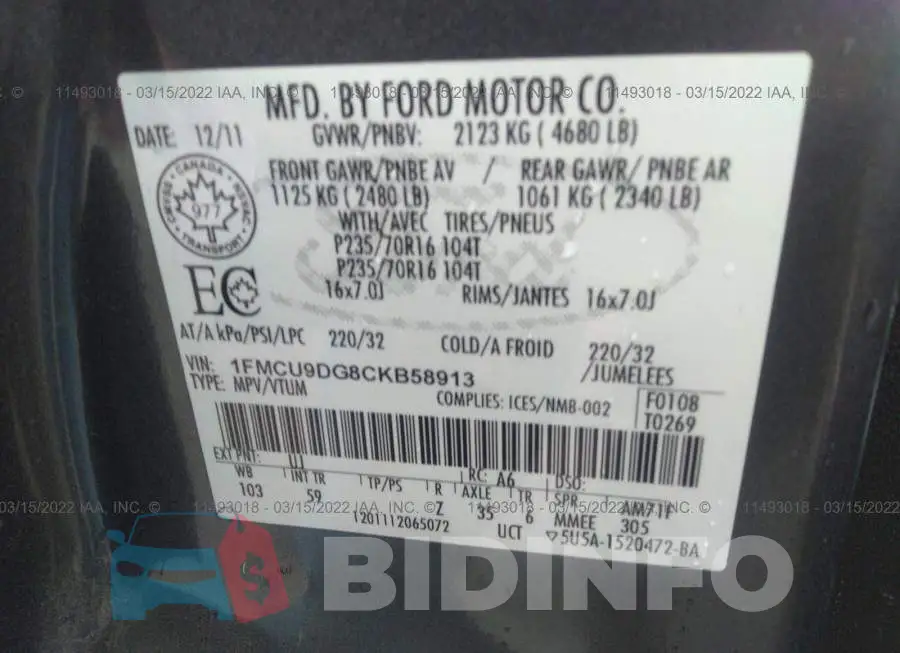 1FMCU9DG8CKB58913 Photo# 9