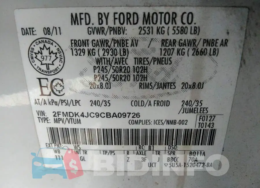 2FMDK4JC9CBA09726 Photo# 9