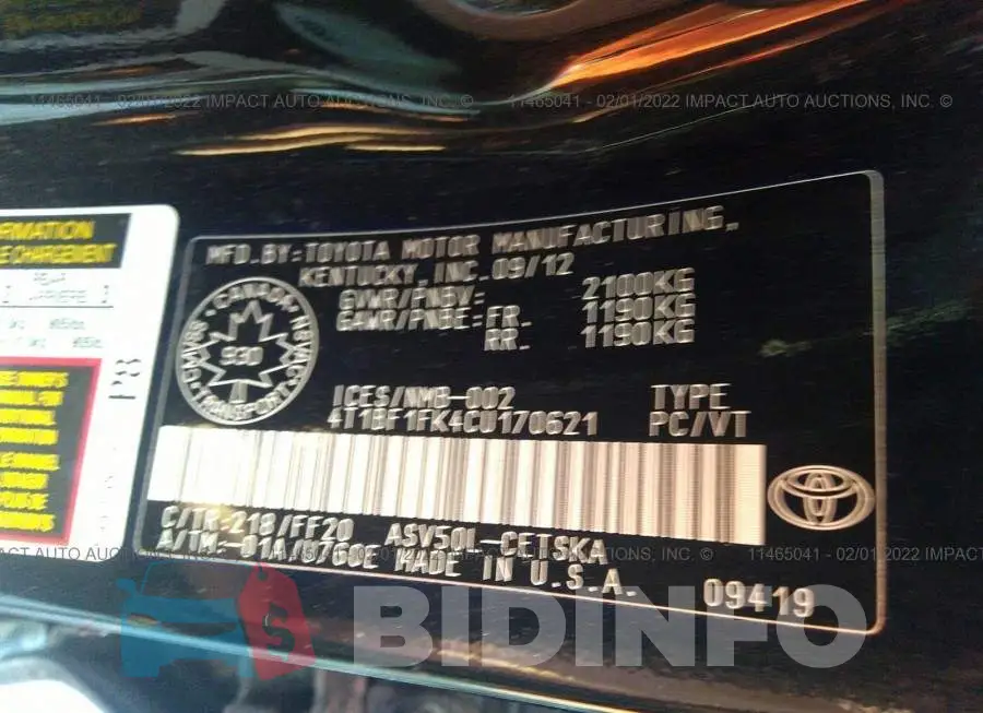 4T1BF1FK4CU170621 Photo# 9