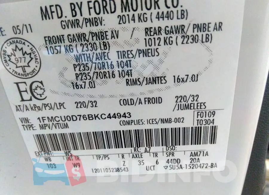 1FMCU0D76BKC44943 Photo# 9