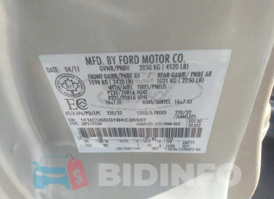 1FMCU0DG1BKC26687 Photo# 9