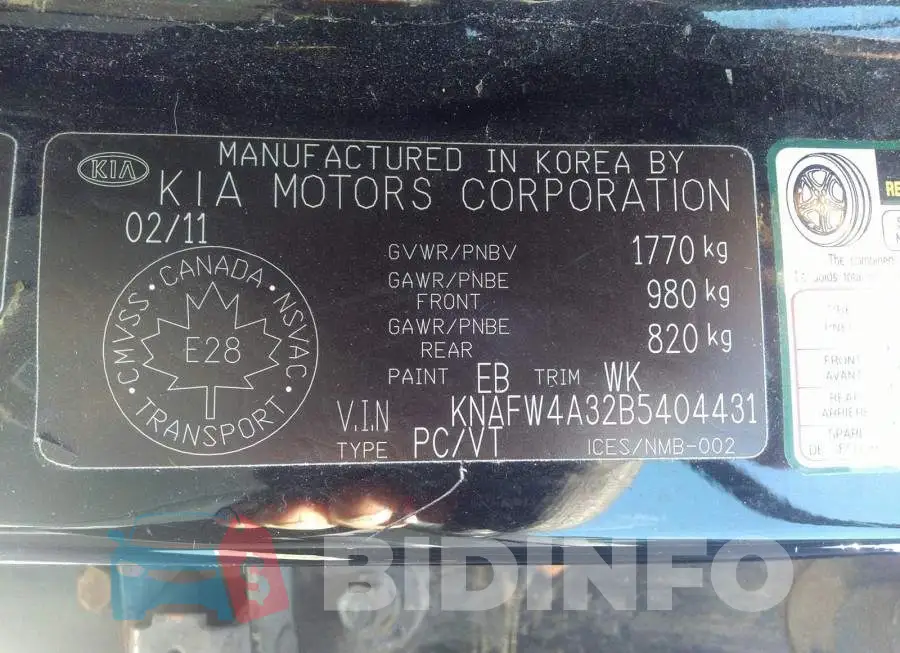 KNAFW4A32B5404431 Photo# 9