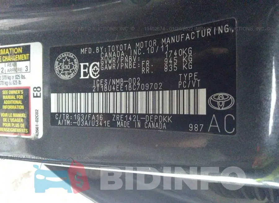 2T1BU4EE1BC709702 Photo# 9