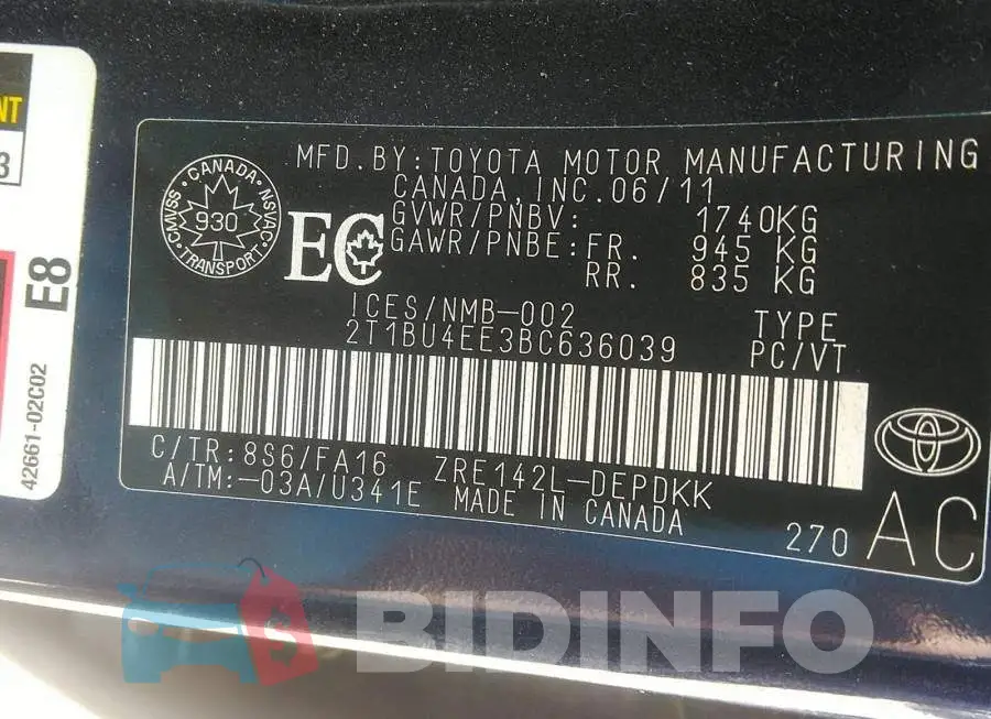 2T1BU4EE3BC636039 Photo# 9