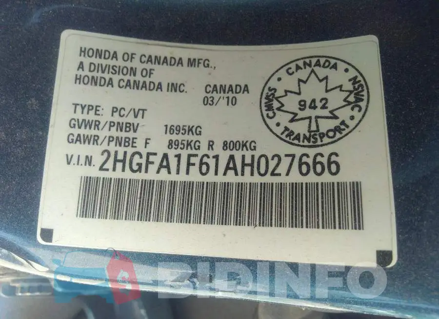 2HGFA1F61AH027666 Photo# 9