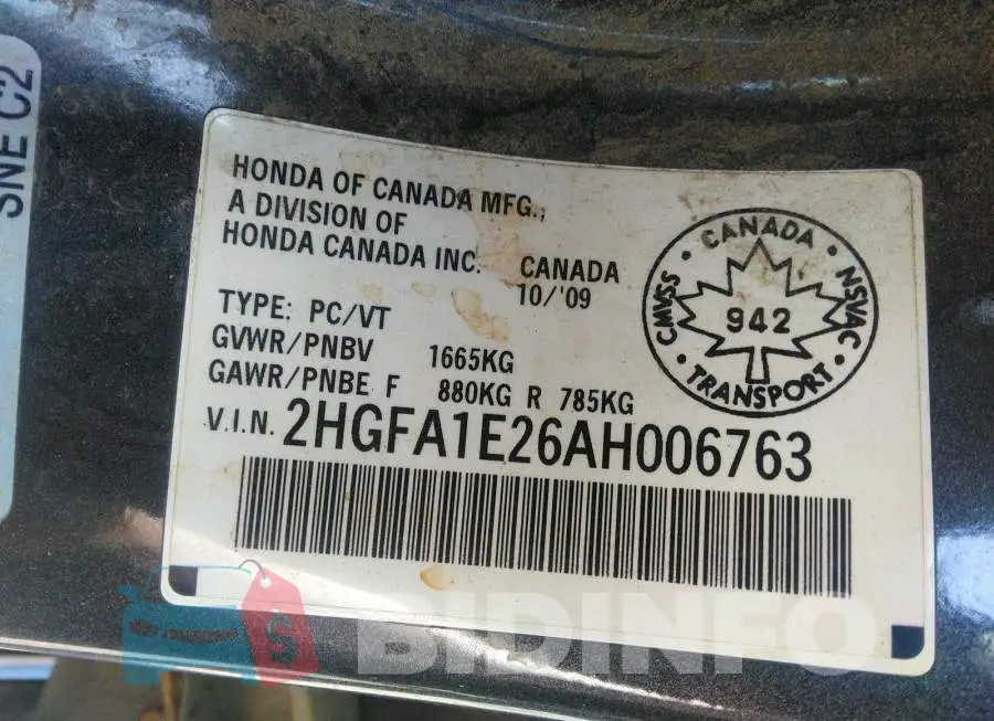 2HGFA1E26AH006763 Photo# 9