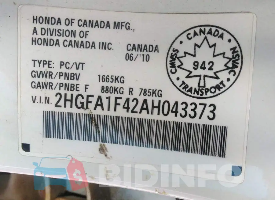 2HGFA1F42AH043373 Photo# 9
