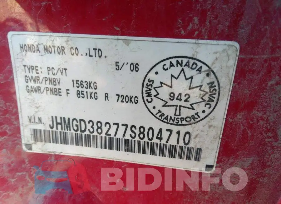 JHMGD38277S804710 Photo# 9
