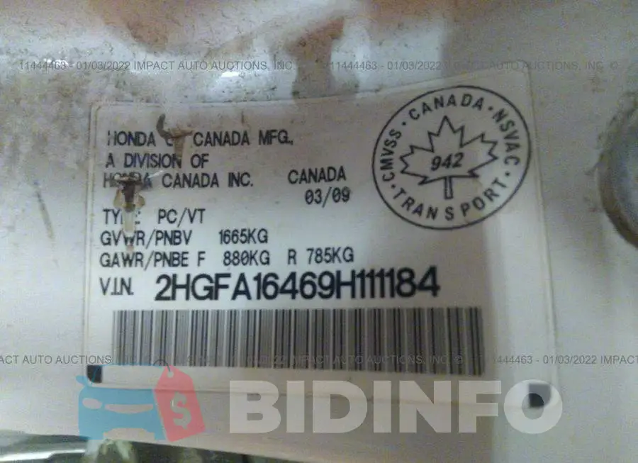 2HGFA16469H111184 Photo# 9