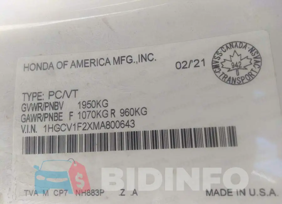 1HGCV1F2XMA800643 Photo# 9