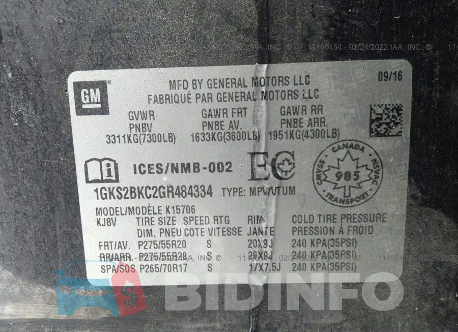 1GKS2BKC2GR484334 Photo# 9