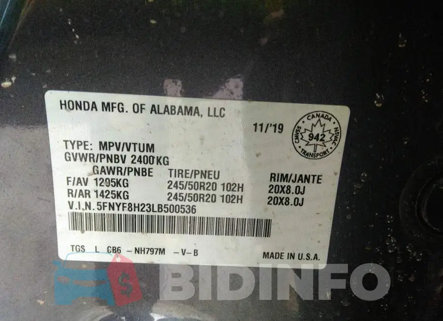 5FNYF8H23LB500536 Photo# 9