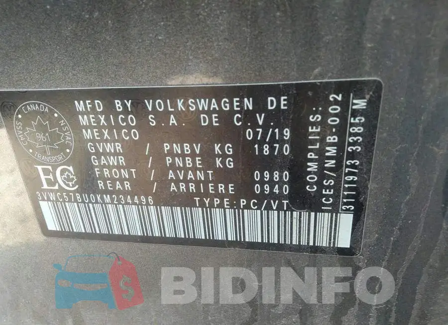 3VWC57BU0KM234496 Photo# 9