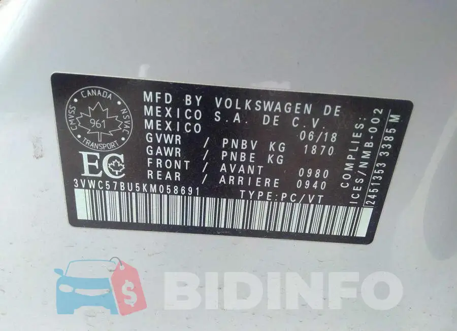 3VWC57BU5KM058691 Photo# 9