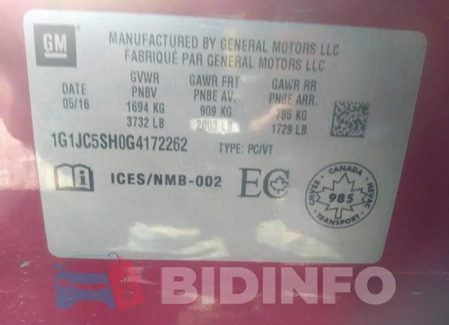 1G1JC5SH0G4172262 Photo# 9