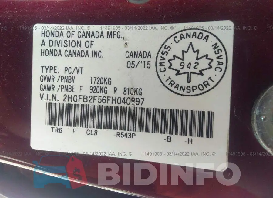 2HGFB2F56FH040897 Photo# 9