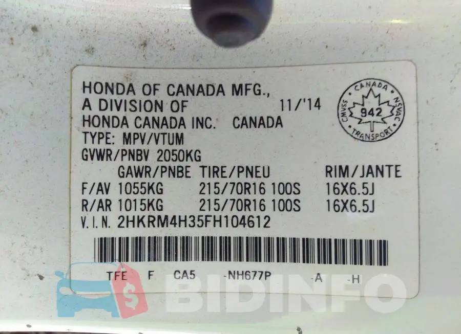 2HKRM4H35FH104612 Photo# 9