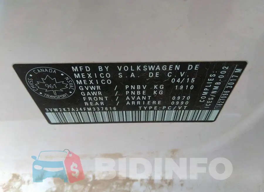 3VW2K7AJ4FM337616 Photo# 9