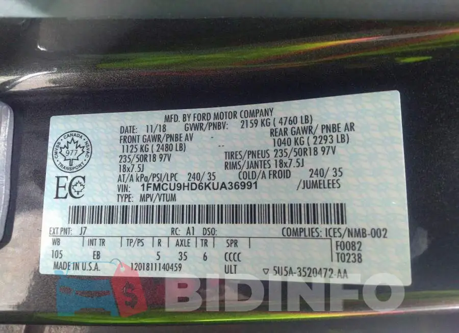 1FMCU9HD6KUA36991 Photo# 9