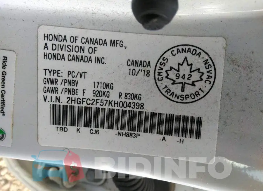 2HGFC2F57KH004398 Photo# 9