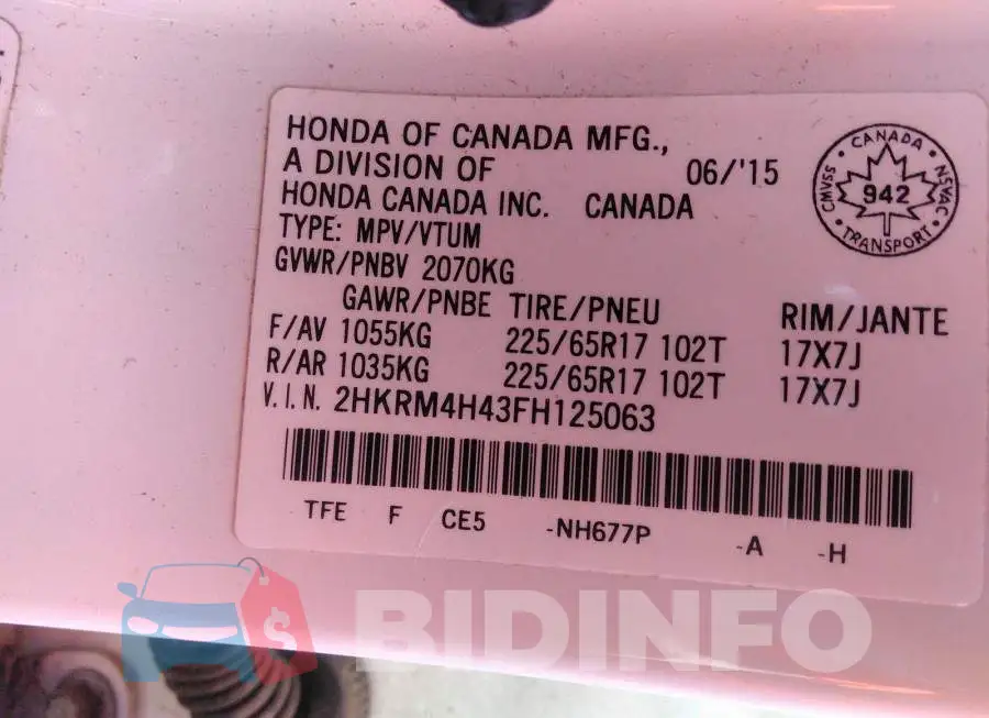 2HKRM4H43FH125063 Photo# 9