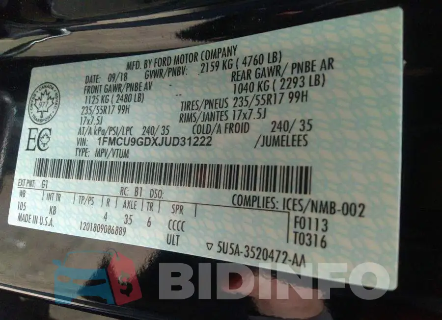 1FMCU9GDXJUD31222 Photo# 9