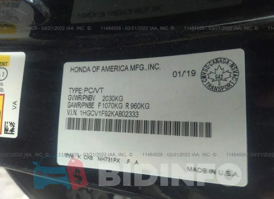 1HGCV1F92KA802333 Photo# 9