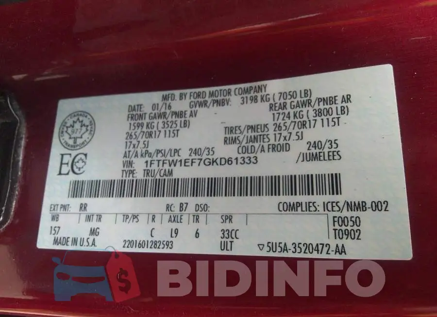 1FTFW1EF7GKD61333 Photo# 9