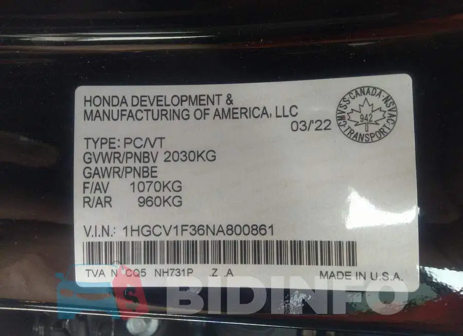 1HGCV1F36NA800861 Photo# 9