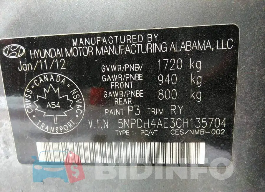5NPDH4AE3CH135704 Photo# 9