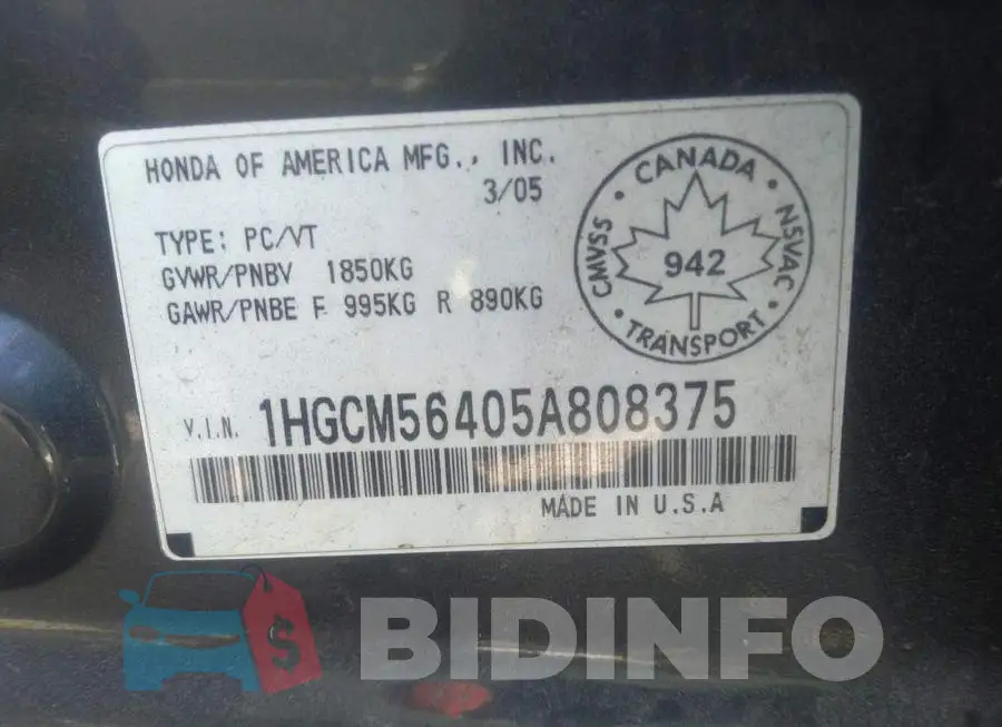 1HGCM56405A808375 Photo# 9