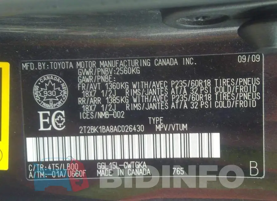 2T2BK1BA8AC026430 Photo# 9