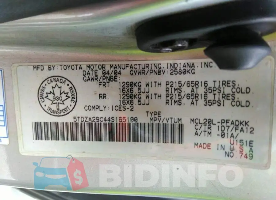 5TDZA29C44S165100 Photo# 9