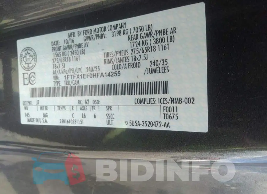1FTFX1EF0HFA14255 Photo# 9