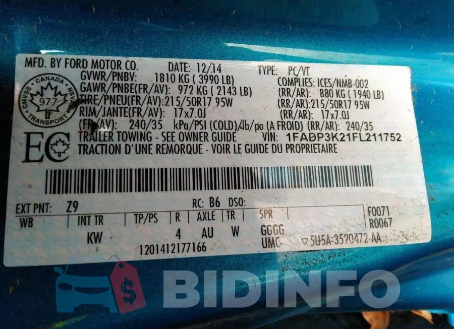 1FADP3K21FL211752 Photo# 9