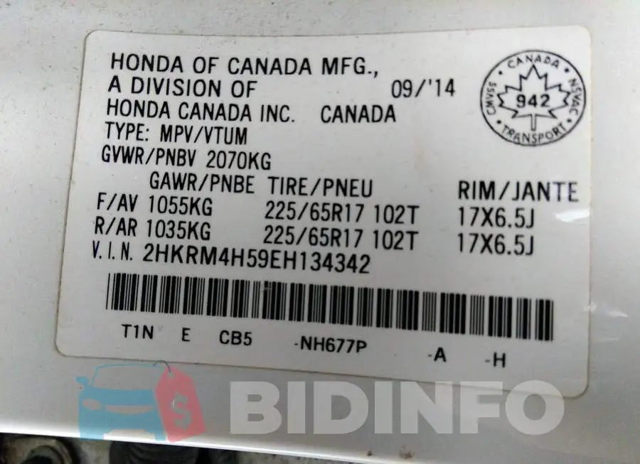 2HKRM4H59EH134342 Photo# 9