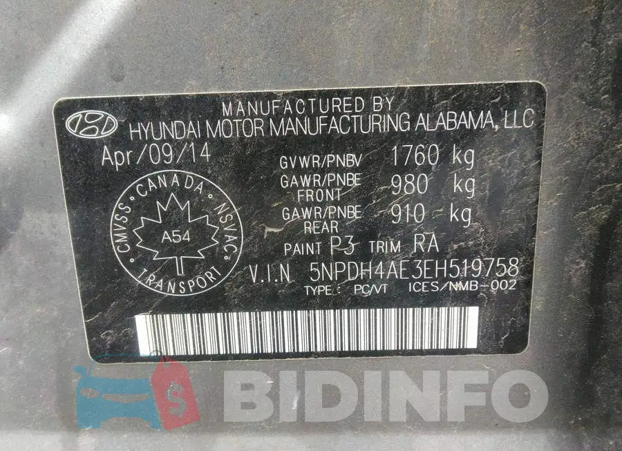 5NPDH4AE3EH519758 Photo# 9