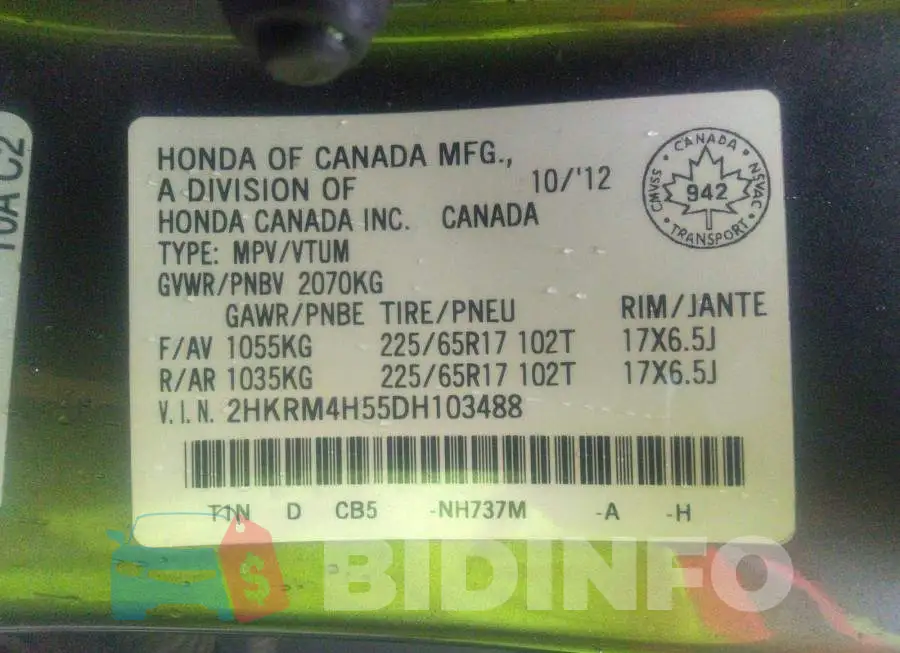 2HKRM4H55DH103488 Photo# 9