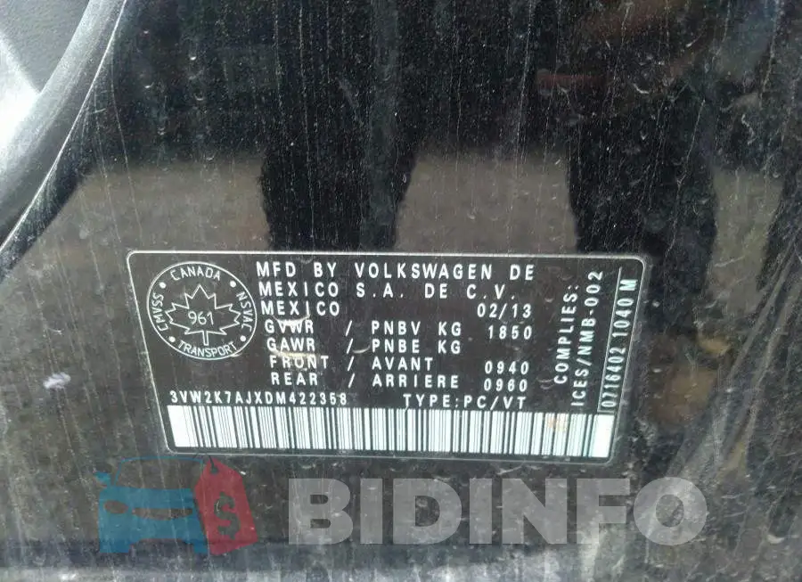 3VW2K7AJXDM422358 Photo# 9