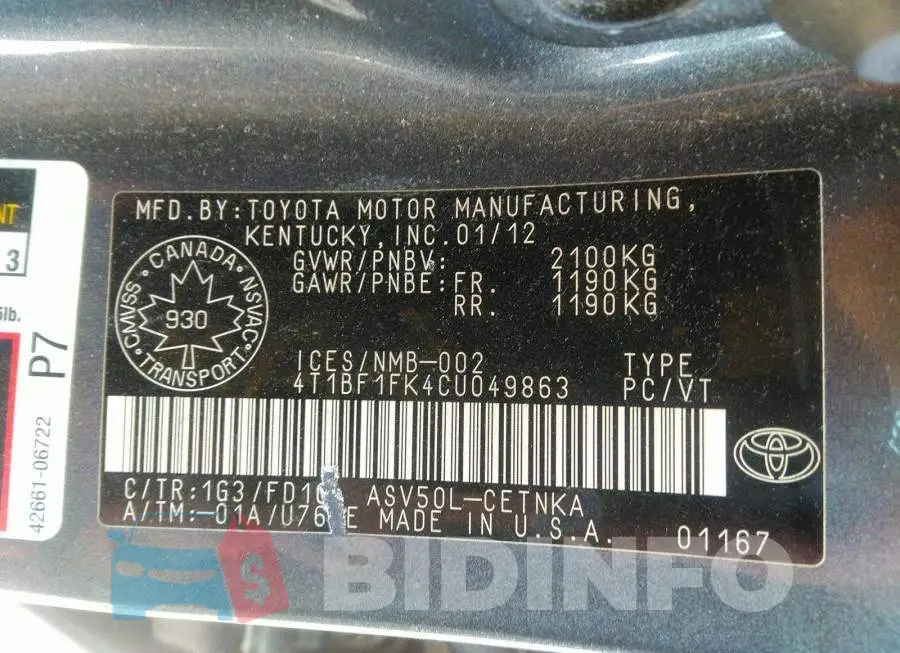 4T1BF1FK4CU049863 Photo# 9