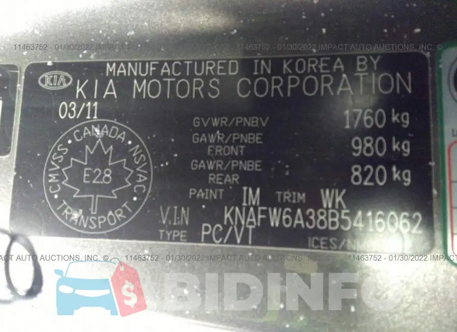 KNAFW6A38B5416062 Photo# 9
