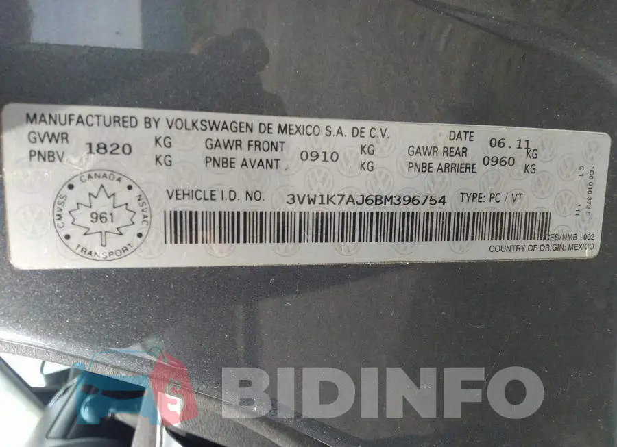 3VW1K7AJ6BM396754 Photo# 9