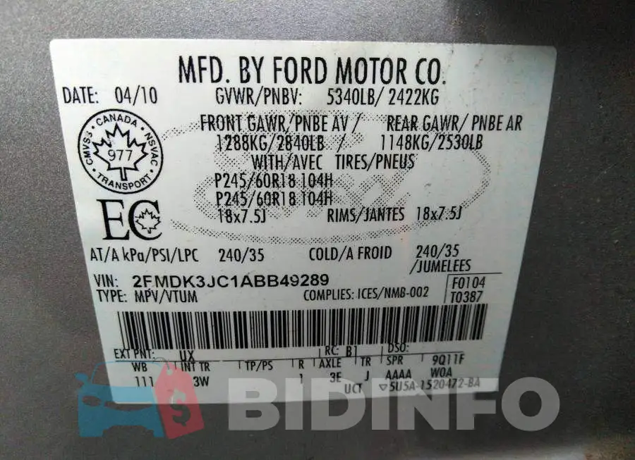 2FMDK3JC1ABB49289 Photo# 9