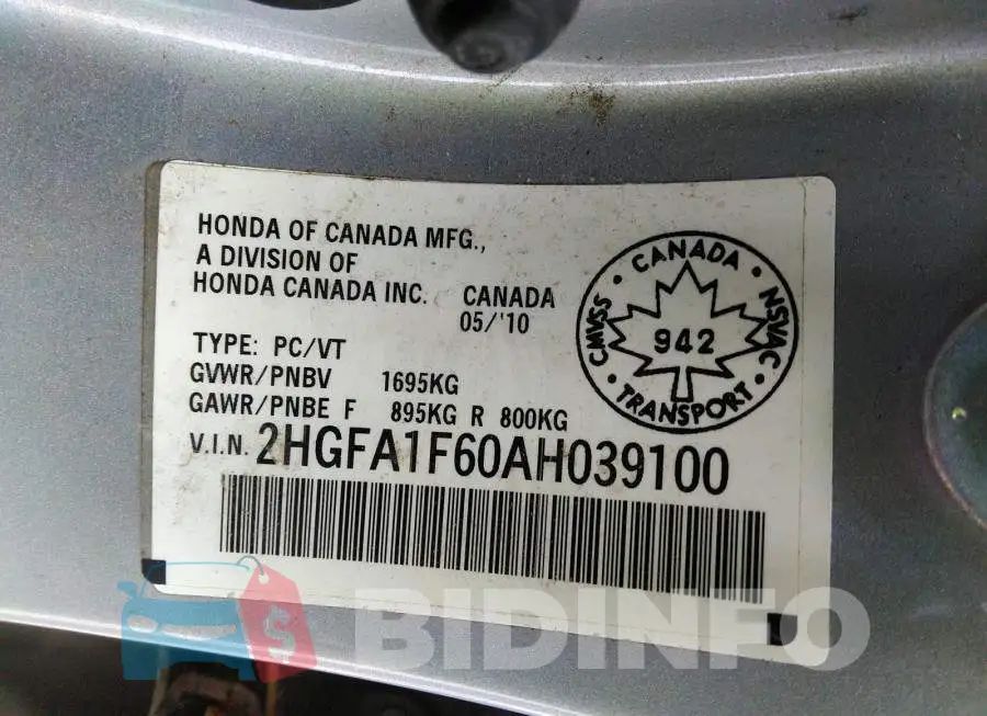 2HGFA1F60AH039100 Photo# 9