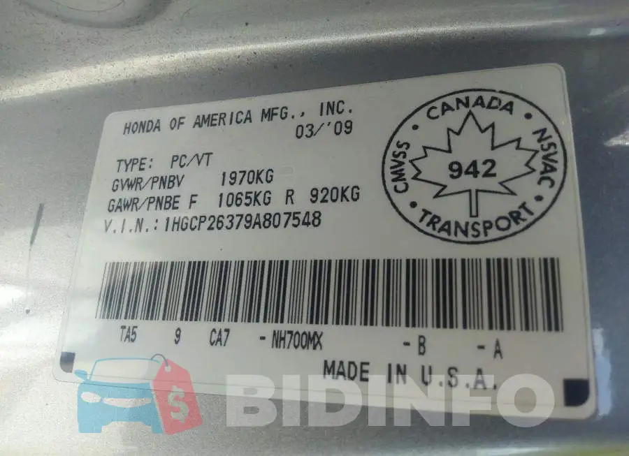 1HGCP26379A807548 Photo# 9