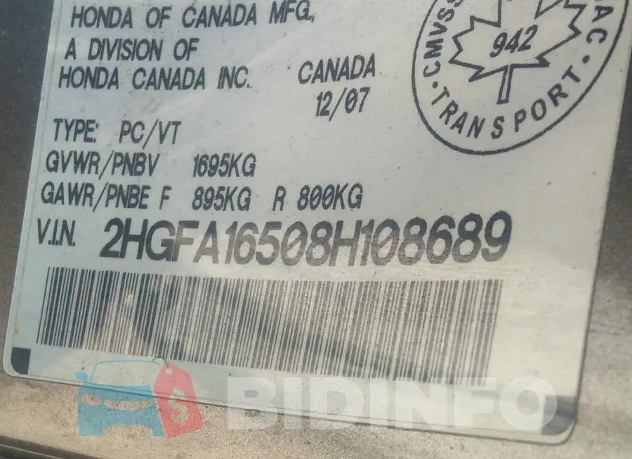 2HGFA16508H108689 Photo# 9